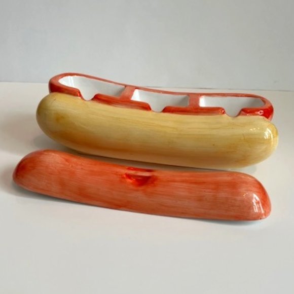Vintage  Ceramic Hot Dog Shaped Condiment Dish Container 3 Compartments - Picture 2 of 7